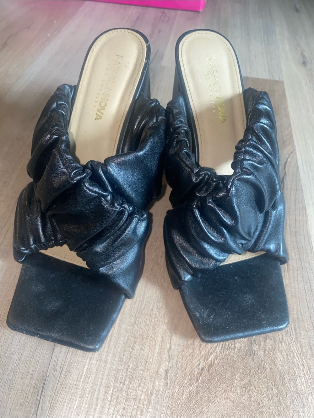 Fashion Nova Black Ruched Square-Toe Slide Mules